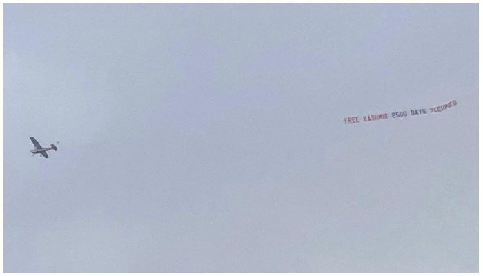 Watch: Plane carrying banner read "Free Kashmir" flies over football stadium UK