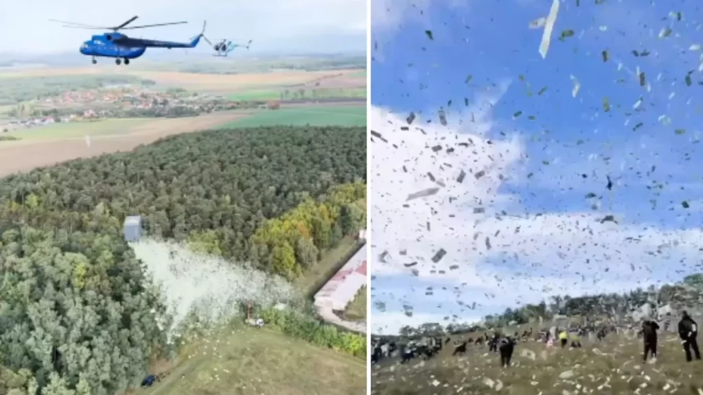 Czech Republic Influencer Kazma makes headlines with $1 Million helicopter money drop